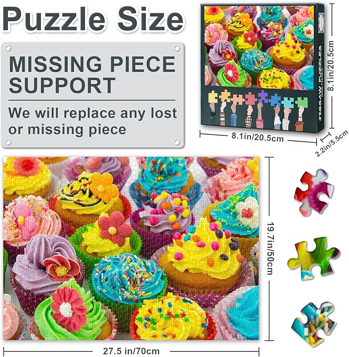 1000 Piece Puzzle for Adults - Mini Cupcake Buffet Jigsaw Puzzles, Tiny Dessert Details Adult Puzzles 1000 Pieces, Intricate Bakery Challenge - 27.5x19.7 Inches