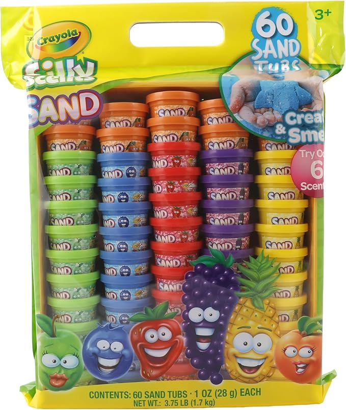 Crayola Play Sand, Silly Scents | 60 x 1oz Tubs of Moldable Play Sand in 6 Bright Colors | Christmas Party Favors for Kids Goodie Bags, Classroom Prizes, Sensory Bin Toys, Bags