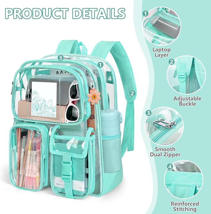 Green Clear Backpack, Heavy Duty PVC Clear Bag for Stadium Events, Transparent Backpack with Reinforced Straps & Stitches for Girls Boys, Large Capacity Bookbag for School, Travel, College, Work