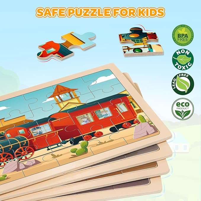 Wooden Puzzles for Kids Age 3 4 5 Year Old, 4 Pack 24 Pcs Toddler Jigsaw Puzzles for Girl Boy Vehicle Activities Preschool Learning Educational Birthday Gift Travel Autistic Wooden Toys