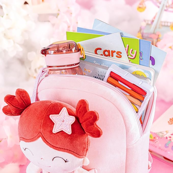 Gloveleya Back to School Gifts for Girls Toddler Backpack for Girls Kids Backpacks Soft Girl Toys Plush Baby Girl Gifts with Plush Princess Mermaid Qearl Doll Red 9"