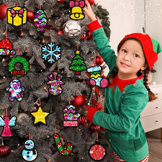 32 Set Christmas DIY Craft Kits,Christmas Tissue Paper Sign Craft Kit Christmas Tree Ornaments Suncatchers Craft Craft for Winter Xmas Classroom School Decorations DIY Art Project Activities