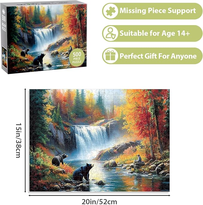 500 Piece Puzzle for Adults, Bear Fall Landscape Puzzle for Kids Teen Adults,Recycled Paper Unique Fun Jigsaw Puzzle 500 Piece,Challenging Family Game Gift for Friends Men Women Seniors,20.5 * 15In