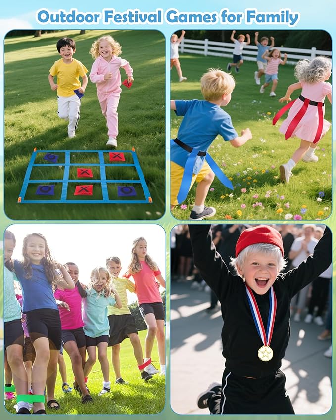 Outdoor Game Set, Kanosan Outside Giant Tic Tac Toe Bean Bag Toss Games,3 Legged Race Bands, Catch Tail Game, Field Day Birthday Party Family Reunion Carnival Yard Lawn Easter Games 28PCS
