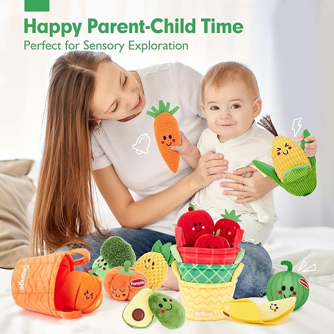 hahaland Baby Sensory Toys - 16 PCS My First Fruit Vegetable Color Sorting Play Food with Crinkle, Rattle, Baby Toys 6-12 Months Montessori Toys for 1 Year Old Boy Girl Gifts Toddler Stocking Stuffers