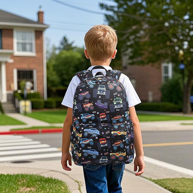 LEDAOU Kids School Backpack with Lunch Box for Boys Girls Kindergarten BookBag School Bag Preschool Toddler Backpack (Monster Truck Black)