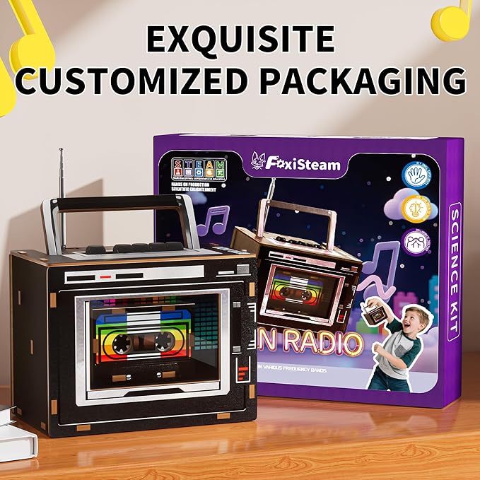 3D Puzzle Vintage Radio, DIY Assembly Model with FM Radio Function, Wood Construction, (Black)