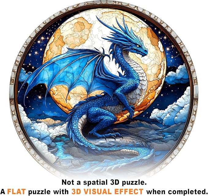 Wooden Puzzles for Adults - Moonlight Blue Dragon Wooden Jigsaw Puzzle - Unique Shape 3D Vision Wood Puzzles Adult - Christmas Birthday Gifts for Adults/Friends/Family - 200pcs 11.4 * 11.4in