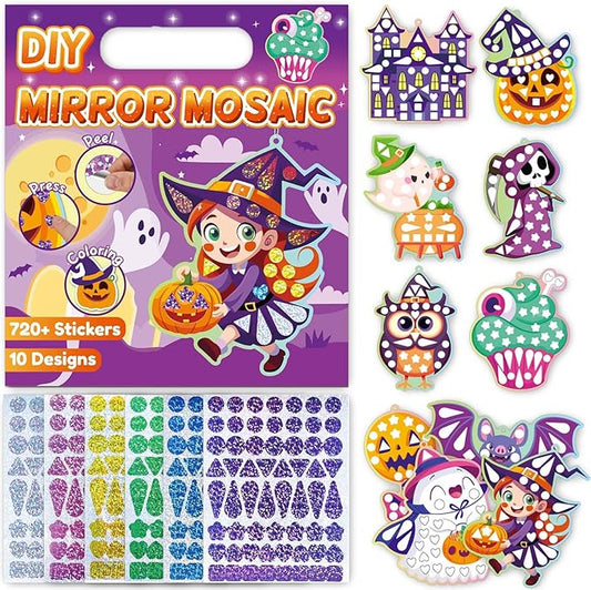 iGetooy 10 Sets DIY Mosaic Stickers for Kids, Halloween Art Craft Kit with 720+ Stickers, Travel Toys for Kids, Birthday Gifts for Girls and Boys 3-8 Year Olds