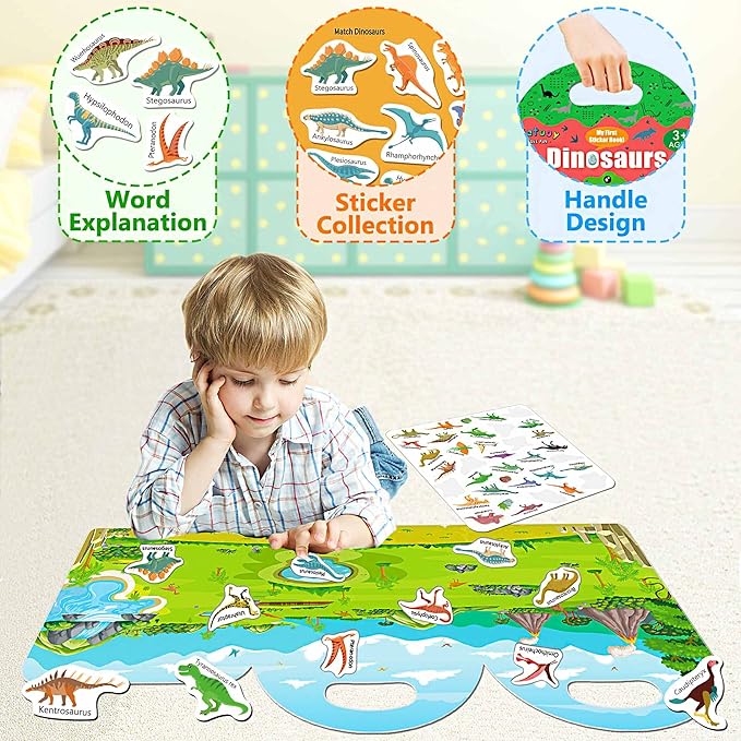 Reusable Sticker Book for Toddlers, Sticker Books for Toddlers 3+ Years, Airplane Travel Essential for Kids, Stickers for Kids (Dinosaurs)