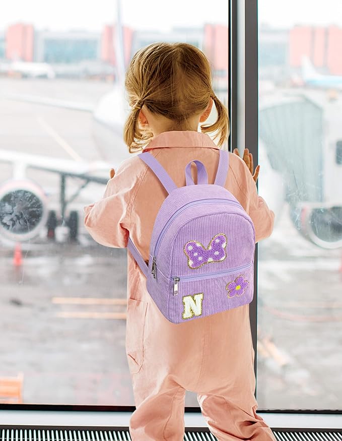 2 3 4 5 6 Year Old Girl Gifts Chenille Initial Mouse Bow Mini Backpack, Corduroy Toddler Backpacks Christmas Birthday Gifts for Girls 2-4 5-6, Purple Mini Diaper Bag Must Haves for Park Travel N