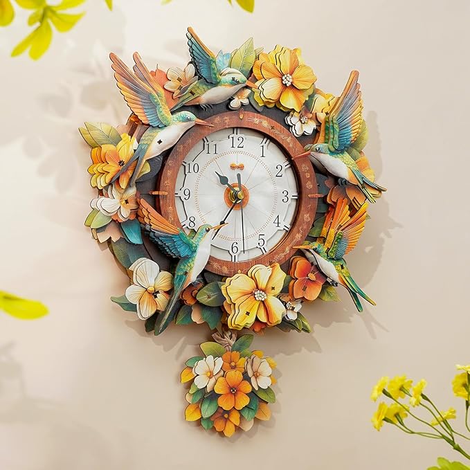 KAAYEE 3D Puzzle for Adult, Wooden Hummingbird Pendulum Clock Mechanical Model Kit, 80 PCS DIY Vintage Wall Clock Building Kit, Creative Craft Gift for Birthday Home Decor (Battery Not Included)