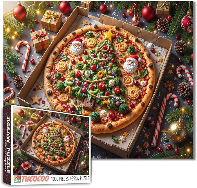 Christmas Feast 1000 Piece Jigsaw Puzzles for Adults Xmas Tree Pizza Painting Jigsaw Puzzle Santa Claus/Christmas Father Puzzles 20''x27”inch Candy Cane1000 Pieces Wall Decor Family Challenging Game