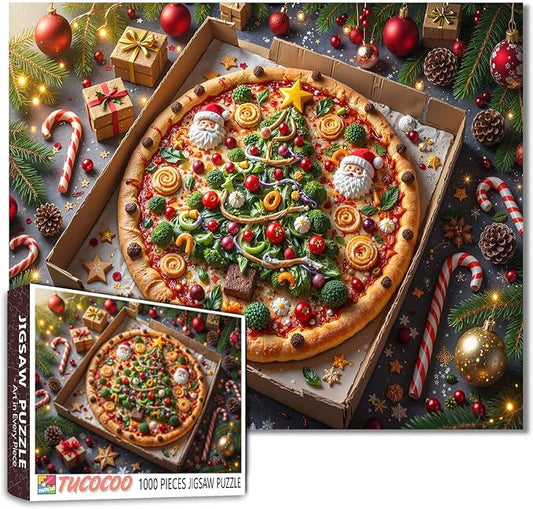 Christmas Feast 1000 Piece Jigsaw Puzzles for Adults Xmas Tree Pizza Painting Jigsaw Puzzle Santa Claus/Christmas Father Puzzles 20''x27”inch Candy Cane1000 Pieces Wall Decor Family Challenging Game
