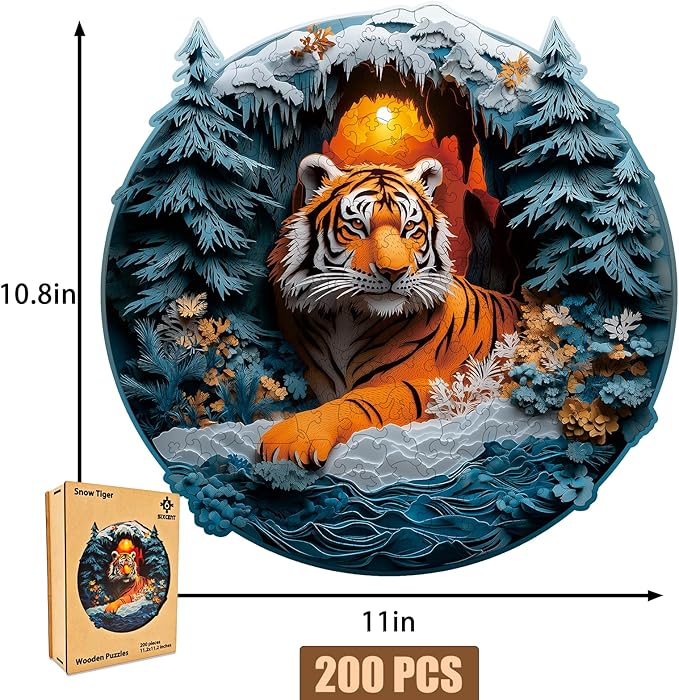 Wooden Jigsaw Puzzle, 200-500 Pieces Unique Shape Animal Puzzle, for Adults & Kids, Birthday Gift Family Game, Decorative Puzzle, Unique Gift (Snow Tiger, 200 PCS)