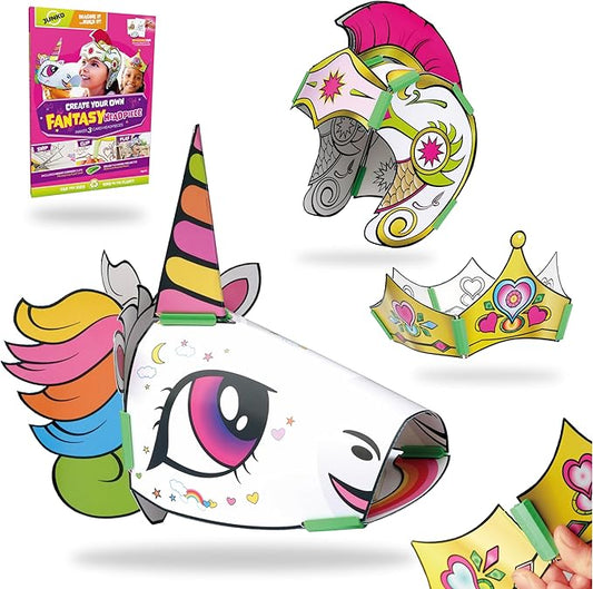 JUNKO Fantasy Headpieces Craft Kit – Build & Color Unicorn, Princess Crown & Warrior God – Ages 6–10 – Recycled, Reusable – Creative Parent-Child Activity