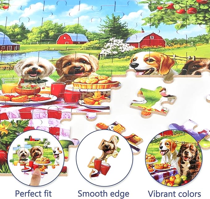 Puppy Dogs Animal Picnic Puzzles for Kids Ages 4-8, 100 Pieces Jigsaw Puzzles for Kids Ages 3-5 Puzzle for Girls and Boys Learning Educational Puzzles Toys in a Metal Box