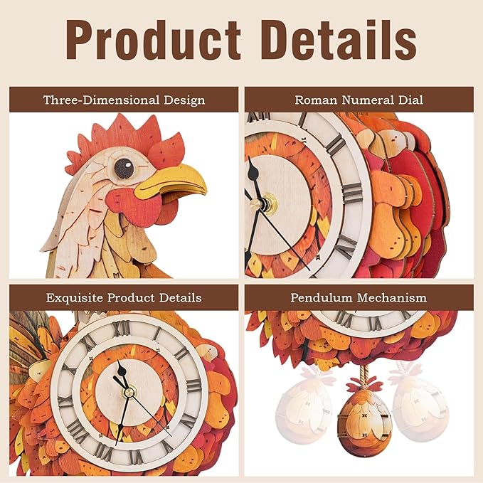 Cutywood 3D Puzzles for Adults Clock-Rooster Design Model Kit-Mechanical DIY Pendulum Clock with Roman Numerals-Desk Home Office Decor Personalized Gift for DIY Lovers