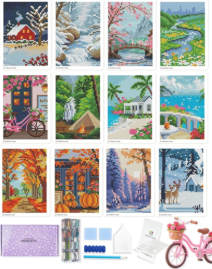 Foreveryoung Minigem Small Diamond Art Kits for Beginners, 12Pcs Square Drill Diamond Painting Kits for Adults 3-Hour Painting, Postcard-Style Mini Diamond Art Kits for Adults 5x7 Inch (Twelve Months)