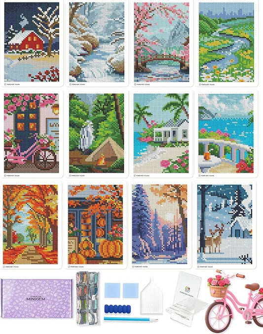 Foreveryoung Minigem Small Diamond Art Kits for Beginners, 12Pcs Square Drill Diamond Painting Kits for Adults 3-Hour Painting, Postcard-Style Mini Diamond Art Kits for Adults 5x7 Inch (Twelve Months)