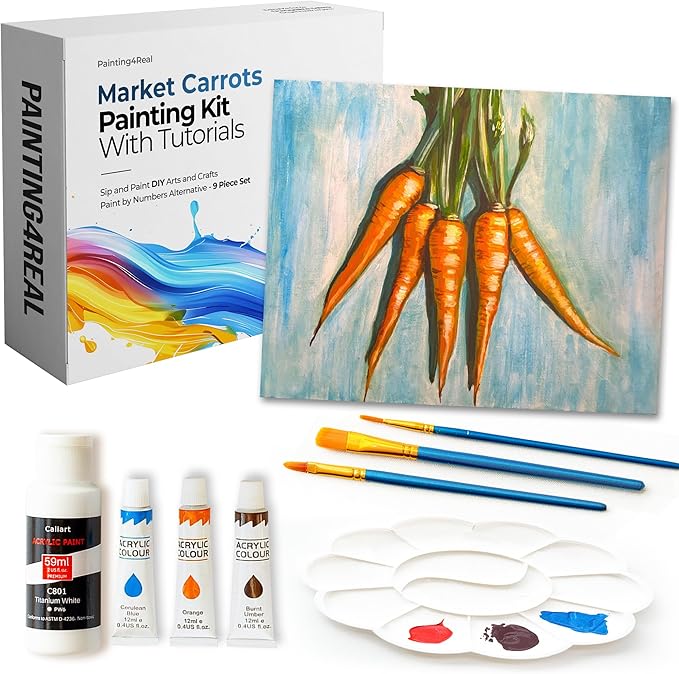 Painting4Real DIY Painting Class Kit for Adults with Video Tutorials: Learn to Paint Carrots – How to Paint with Acrylics – Painting & Art Supplies – 9 Piece Acrylic Paint Set