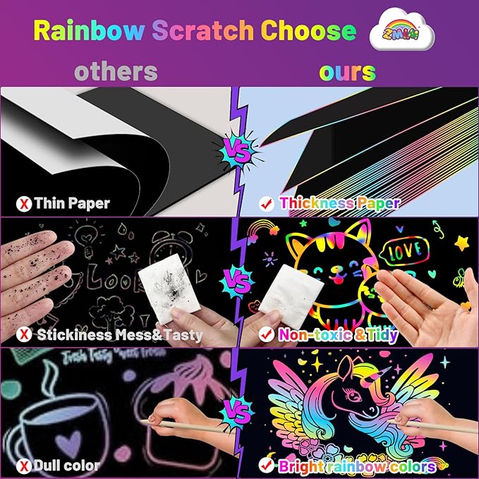 ZMLM Scratch Paper Art Set: 60Pcs Magic Drawing Art Craft Kid Mother Gifts Scratch Paper Supply Toddler Preschool Learning Toy for Age 3 4 5 6 7 8 Girl Boy Birthday Activities Toys