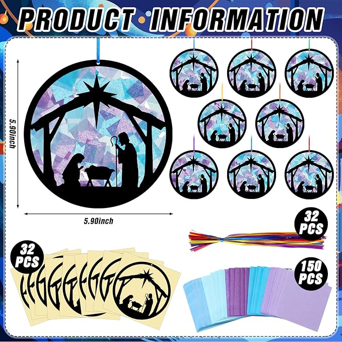 Eersida 32 Sets Christmas Nativity Suncatchers Craft Kit DIY Christianity Tissue Paper VBS Sunday School Craft Make a Nativity Tissue Paper Kit for Holy Night Christian Religious Lent Bible Window Art