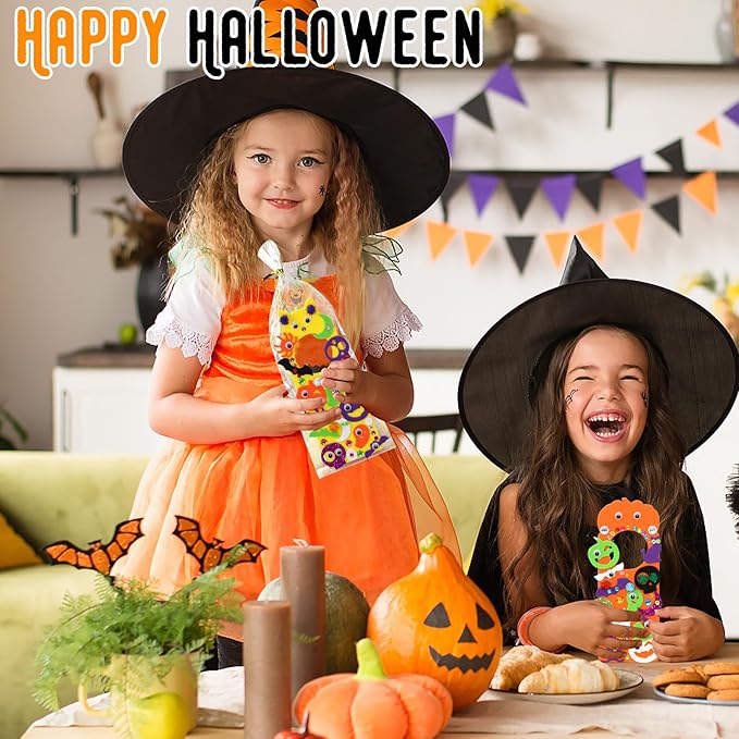 24 Set Halloween Craft Kits, DIY Halloween Doorknob Hanger Decorations Fall Arts & Crafts Supplies, Halloween Pumpkin Bat Ghost Monster Foam Stickers for Classroom Party Favors Activities