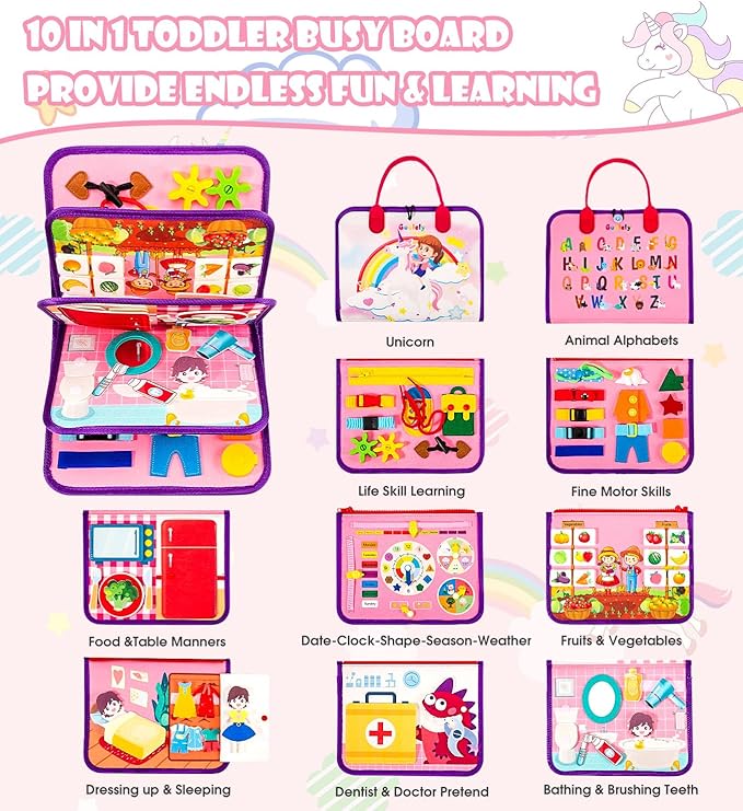 Guolely Busy Board Montessori Toys for 1-4 Year Old Girl Gift - 10 in 1 Sensory Learning Activities with Role-Play,Life Skill, Alphabet, Shape, Clock, Weather - Toddler Travel Toys for Airplane Car