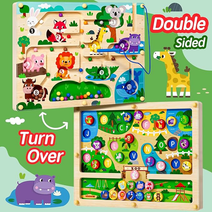 Magnetic Maze 2 in 1 Double Side Color and Number Maze Alphabet Puzzle Board for 3-5 Boys and Girls Kids Montessori Educational Toys (Zoo, One Size)