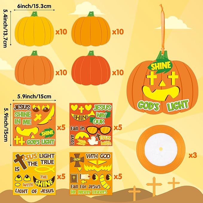 B1ykin Fall Pumpkin Craft Kit - 40Pcs Christian Fall Jesus Pumpkin Cross Hanging Ornaments with Ribbons, DIY Thanksgiving Religious Faith Crafts for Kids Sunday School Party Home Activities