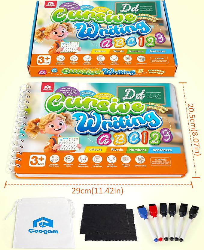 Coogam Magic Practice Copybook for Kids Age 3-12, Dry-Erase Writing Practice Book - Cursive Handwriting Aid with Alphabet Nmubers Words Sentences for Children and Beginners