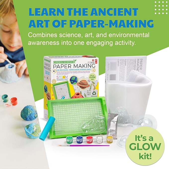 Green Science - Paper Making Kit - Recycle and Create Your Own - Paper Making Screen - Green DIY Craft Stem Toys Kit for Kids - Includes Molds, Paints, and Glow-in-The-Dark Features