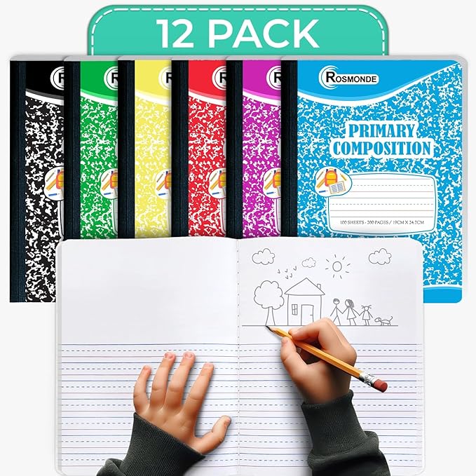 12 Pack Primary Composition Notebook, 200 Pages (100 Sheets), Drawing and Writing Primary Journal For Kids, Grades K-2, With Header For Drawing, Hard Cover, Assorted Marble, Colors May Repeat