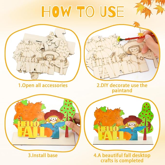 24 Pcs Fall Crafts for Kids Bulk, Fall Arts and Crafts Kits, Thanksgiving Fall Wooden Painting Crafts for Boys Girls Fall Activities Harvest Party Favors Home Classroom DIY Table Decorations