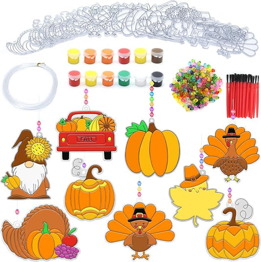 27 Sets Thanksgiving Craft Kits DIY Window Paint Art Suncatchers Craft Kits Fall Leaf Pumpkin Turkey Suncatcher Decorations Autumn Sun Catchers for Kids Classroom Harvest Party Arts and Crafts