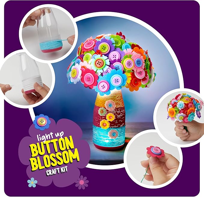 Dan&Darci Light Up Button Flower Craft Kit - Crafts for Kids Ages 4-8 - Arts & Crafts Gift for Girls - Activities for Kid Age 6-8 Girls - 5 Year Old Girl Gift Toys - Birthday Gifts for 5 6 7 8 Years