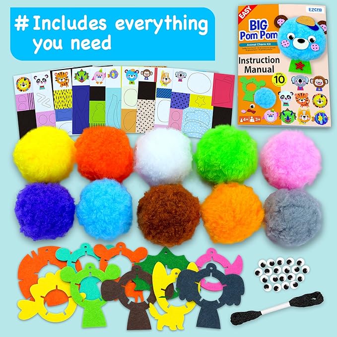 EZCRA Big Pom Pom Animal Craft Kit for Kids Ages 4-6 - DIY Pom Pom Crafts for Girls Boys Toddlers - Make 10 Plush Animals - Mess Free Arts and Crafts Kit