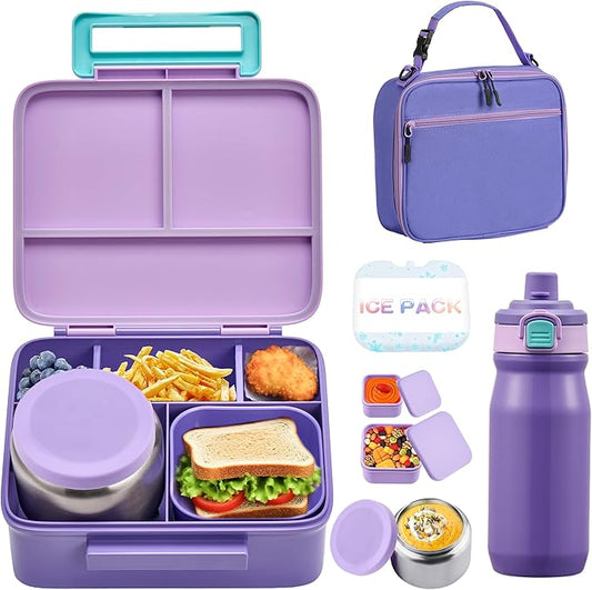 MAISON HUIS Kids Bento Box Set - Includes 8oz Soup Thermo, Insulated Lunch Bag & 17oz Stainless Steel Water Bottle, 5-Compartment Bento Box with Built-In Ice Pack, Leak-Proof & BPA-Free(Purple)