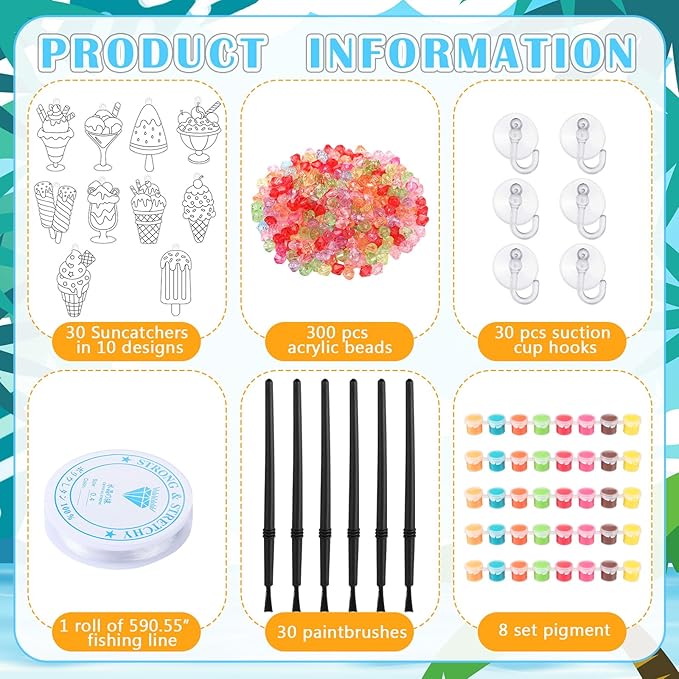 Yaomiao 30 Sets Summer Suncatchers Window Art Drawing Kits DIY Ice Cream Sun Catcher Crafts Bulk Paint Your Own Window Hanging Ornaments for Home Classroom Birthday Party Favors Decor Gifts