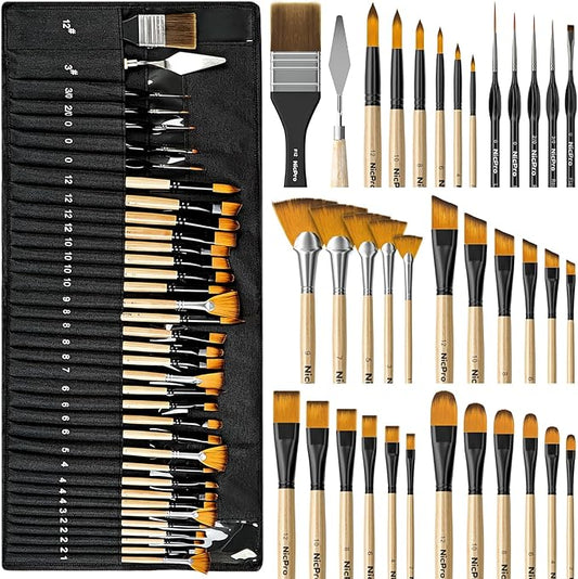Nicpro 36pcs Paint Brush Set, Professional Paintbrushes with Palette Knife and Cloth Roll, Suitable for Acrylic Painting, Oil, Watercolor, Gouache, Art Supplies for Artists & Beginners (Wooden Color)