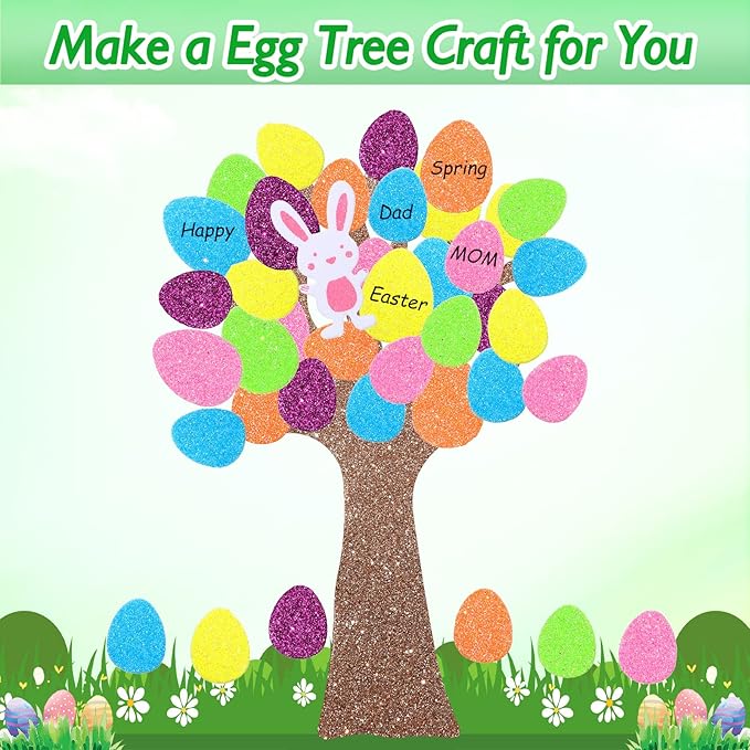 Woanger 224 Pieces Easter Foam Stickers for Craft Egg Bunny Rabbit Self Adhesive Tree Glitter Stickers for Kids Art Project Family Activity Easter (Egg)