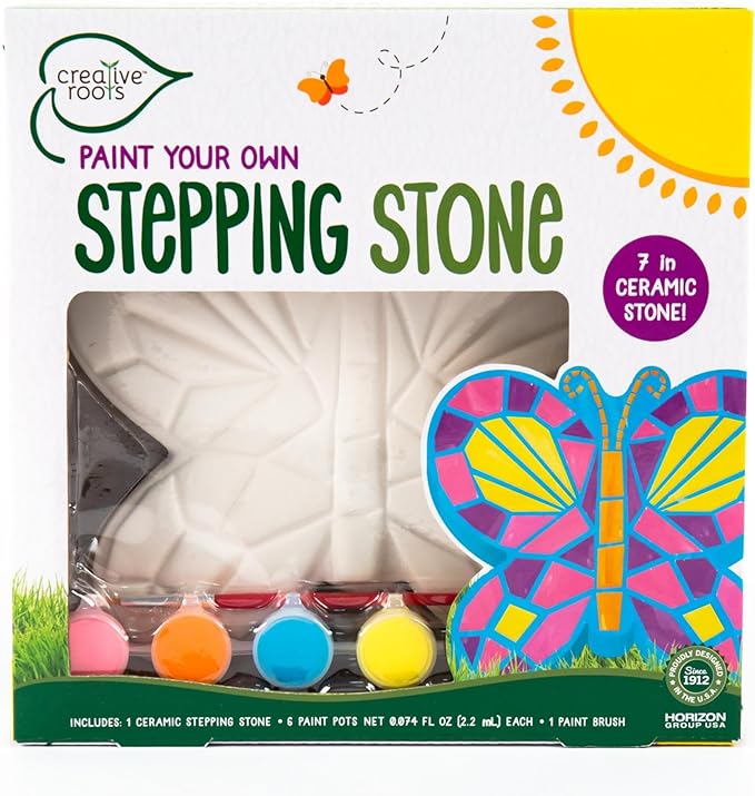 Creative Roots Mosaic Butterfly Stepping Stone Kit, Includes 7-Inch Ceramic Stepping Stone & 6 Vibrant Paints, Paint Your Own Stepping Stone, DIY Stepping Stone for Kids Ages 8+ White