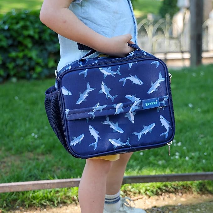 Yumbox Kids Lunch Bag, Holds Lunch Box and Water Bottle, 3 Ways to Carry, Zip Closure, Inside Zipper Netting, Wipe Clean Fabric with EVA lining for extra insulation (Shark)