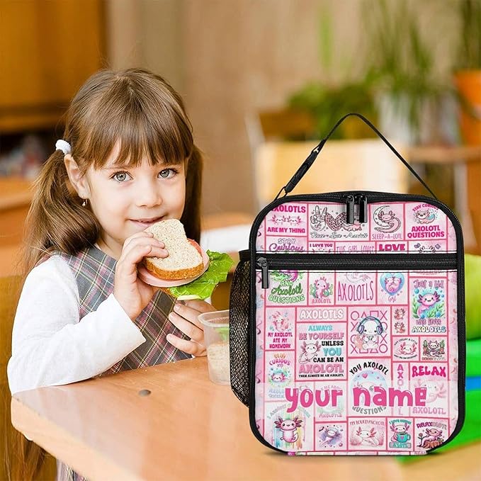 Custom Axolotl Lunch Box - Cute Reusable Axolotl Lunch Bag for Women Men Kids - Small Portable Foldable Insulated Lunchbox for School Work Picnic