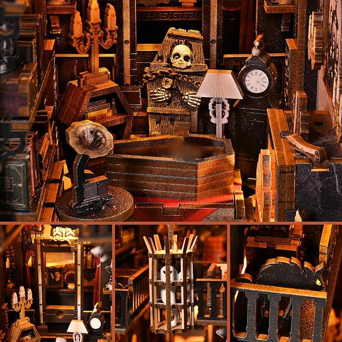 Book Nook Kit - Haunted Manor DIY 3D Wooden Puzzle for Adults, Horror Bookshelf Insert with LED Lights, Halloween Home Decor Gift,The Gothic Dark Family