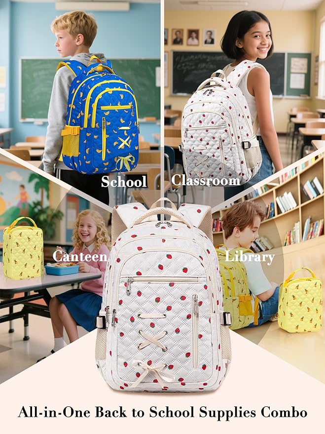 Cute Strawberry Print Backpack with Lunch Box and Pencil Case for Girls Teens Kids for Age 8-10 10-12 12-14 Kawaii Backpack for Elementary Middle High School Bookbag Mochila Para Niñas