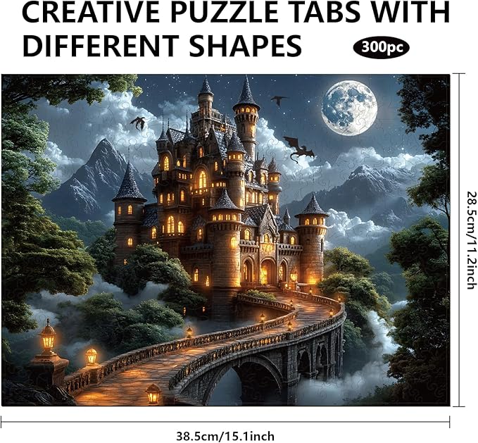 GLOBLELAND 300Pcs Night Magic Castle Wooden Jigsaw Puzzles for Adults 11.22x15.16inch Colorful Dragon and Castle Wood Puzzles for Holidays Birthday Gifts