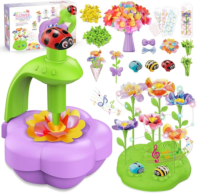 Fabric Flower Bouquets Toys with Music and Light, DIY Arts and Craft Kits Toy for Kids Ages 4-8, Preschool Educational Toys, Christmas Birthday Gifts for 4 5 6 7 8 Year Old Gril