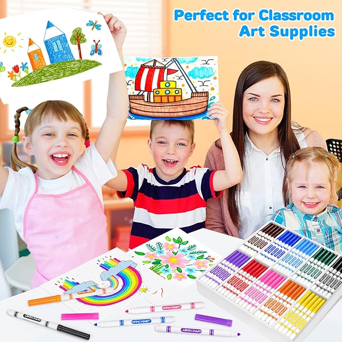 Officygnet 240 Count Washable Markers Bulk, 12 Assorted Colors, Conical Tip with Fine & Broad Line Coloring Marker for Kids, Markers Bulk for Classroom, School Art Supplies, Back to School Essentials